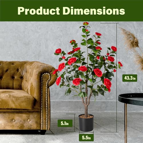 Silky Flower Store Artificial Camellia Tree, Faux Silk Camellia Plant with Planter, Indoor Decorative Faux Greenery, 4.3FT 5 5 Product: Camellia 2 Pack Artificial Fake Tree, 4.3FT Faux Silk Camellia Plant with Planter for Indoor and Outdoor Decoration, Tall Fake Tree for Home, Office, Patio, Balcony, Wedding Decoration