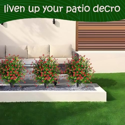 Product: Set of 2 Fall Boxwood Topiary Ball Trees Artificial Outdoor with Ground Spike, 22.3"UV Resistant Faux Shrubs with Mum Flowers, Fake Outdoor Bushes Plants for Garden Yard Porch Patio decor Red