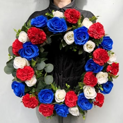 Silky Flower Store Cemetery Wreath, Memorial Day Grave Wreath, Blue White Rose Red Carnation, 2 Flags, 30 Inch Easel Stand, 30 inch 11 11 Product: Saxili Cemetery Wreaths, Memorial Day Grave Wreath with 30 inch Easel Stand,Headstone Wreath Flower with Gravestone Hanger-Artificial Blue/White Rose and Red Carnation,2 Flags Included