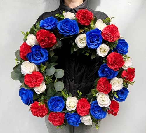 Silky Flower Store Cemetery Wreath, Memorial Day Grave Wreath, Blue White Rose Red Carnation, 2 Flags, 30 Inch Easel Stand, 30 inch 2 2 Product: Saxili Cemetery Wreaths, Memorial Day Grave Wreath with 30 inch Easel Stand,Headstone Wreath Flower with Gravestone Hanger-Artificial Blue/White Rose and Red Carnation,2 Flags Included