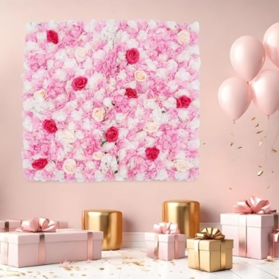 Silky Flower Store Artificial Flower Wall Panel, White Pink Gold Rose Hydrangea Dahlia Backdrop, Indoor Outdoor Decor, 3.28 x 3.28ft 11 11 Product: Cncestore 3.28 * 3.28ft Artificial Flower Wall Panels with Straps, Artificial Flower Background Flower Wall Mat