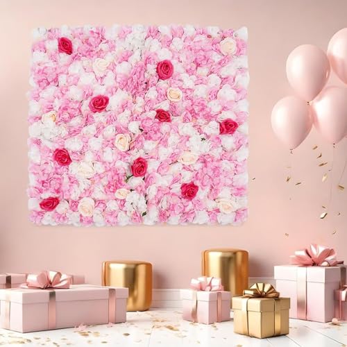 Silky Flower Store Artificial Flower Wall Panel, White Pink Gold Rose Hydrangea Dahlia Backdrop, Indoor Outdoor Decor, 3.28 x 3.28ft 5 5 Product: Cncestore 3.28 * 3.28ft Artificial Flower Wall Panels with Straps, Artificial Flower Background Flower Wall Mat