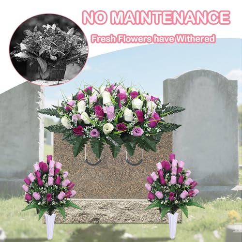 Product: Lodou Artificial Cemetery Flower Saddles for Graves, Cemetery Memorial Flowers with Vase and 2 Memorial Bouquets for Grave Tombstone,Outdoor Grave Saddle Headstone Decorations (Purple White)