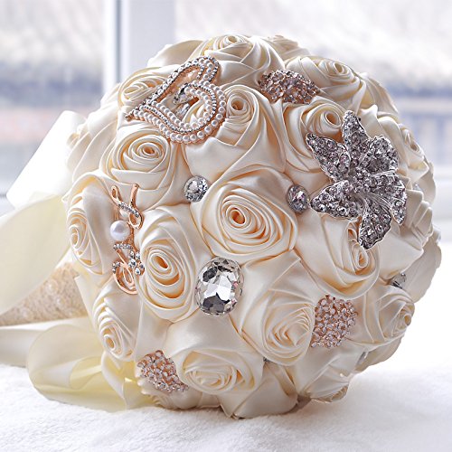Product: Jackcsale Romantic Wedding Bride Holding Bouquet Roses with Diamond Pearl Ribbon Valentine's Day Bouquet Confession (373 CRM)