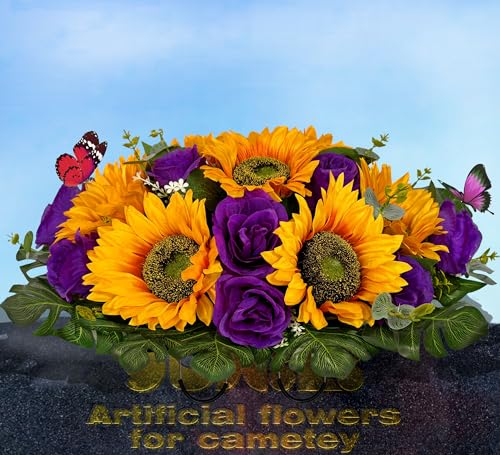 Product: SUHOOKOO Cemetery Flowers for Grave Decor,Silk Sunflower Rose Headstone Flower Saddle, Bright and Colorfast,Purple/Yellow