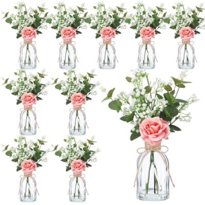 Product: Janinka 10 Set Mini Fake Plants and Artificial Flowers in Vase 10 Glass Vases Fake Silk Roses Eucalyptus Babys Breath Artificial Flowers for Centerpiece Table Decorations Wedding Office Home Decor