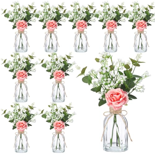 Product: Janinka 10 Set Mini Fake Plants and Artificial Flowers in Vase 10 Glass Vases Fake Silk Roses Eucalyptus Babys Breath Artificial Flowers for Centerpiece Table Decorations Wedding Office Home Decor