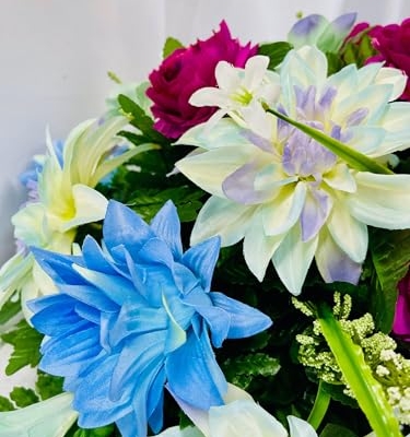 Product: Jucgghk Vivid and Realistic Floral Art 30" Blue and Purple Cemetery Saddle, Artificial Headstone Saddle for Outdoor Gravestone Decorations