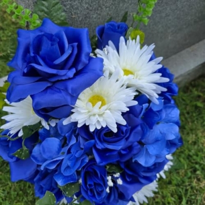 Product: Blue Roses Headstone Saddle and Cemetery Cone, White Gerbera Daisies Hydrangeas Cemetery Cone for Cemetery Decoration Garland for Table Centerpiece Holiday Party Weddi