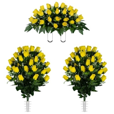 Product: Jucgghk Vivid and Realistic Floral Art Yellow Rose Bud Cemetery Saddle and Flower Arrangement Set, Artificial 1 Saddle and 2 Bouquets for Grave Tombstone Decorations(NO VASE)