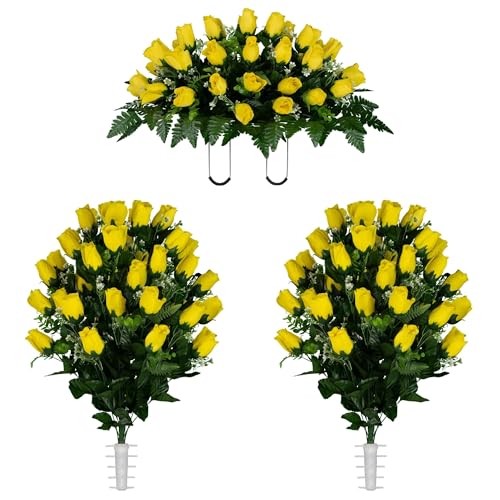 Product: Jucgghk Vivid and Realistic Floral Art Yellow Rose Bud Cemetery Saddle and Flower Arrangement Set, Artificial 1 Saddle and 2 Bouquets for Grave Tombstone Decorations(NO VASE)