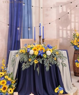 Product: TINGE TIME Artificial Sweetheart Flower Swag with Tablecloth and Table Runner, Pack of 3 Floral Arrangement for Wedding Sweetheart Table Centerpiece Decoration Valentine's Day (Sunflower&RoyalBlue)