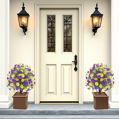 Product: 22.8" Set of 2 Fall artificial Boxwood topiary Ball tree for outdoors with Spike,UV Resistant Faux Shrubs Outdoor with morning glory flowers,Faux Plants Bushes for Garden Porch Yard Patio Decor YP