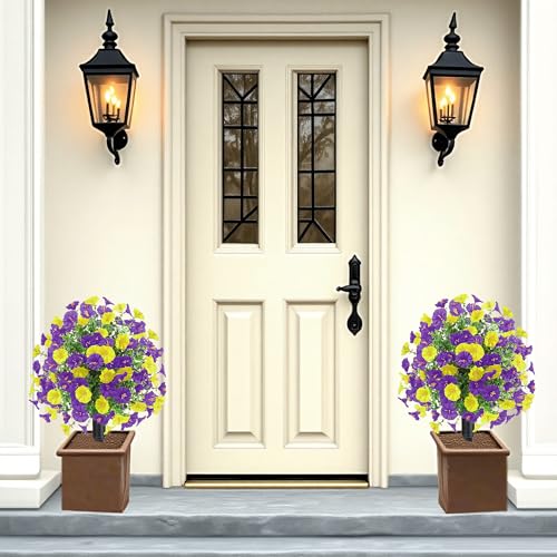 Product: 22.8" Set of 2 Fall artificial Boxwood topiary Ball tree for outdoors with Spike,UV Resistant Faux Shrubs Outdoor with morning glory flowers,Faux Plants Bushes for Garden Porch Yard Patio Decor YP