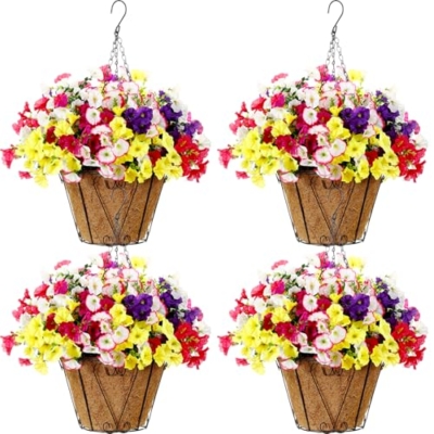 Product: Suncalla 4 Sets Artificial Hanging Flowers with Basket, Faux Silk Colorful Morning Glory Flower Arrangement UV Resistant for Outdoors Indoors Porch Patio Balcony Garden Yard Home Decorations