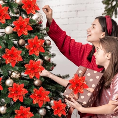 Product: SPORTYOUTH 100 Pcs Artificial Roses Ivory White and 30 Pcs Red Glitter Poinsettia Artificial Christmas Flowers with Clip Stems