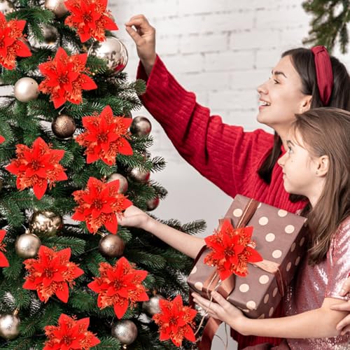 Product: SPORTYOUTH 100 Pcs Artificial Roses Red and 30 Pcs Glitter Poinsettia Artificial Christmas Flowers Red with Clips