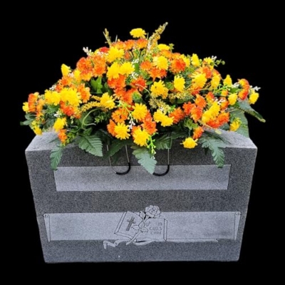 Product: Cemetery Saddle Memorial Decoration - Realistic Silk Faux Floral Artificial Grave Flowers - Orange Yellow Mini Mums for Headstone Decorating