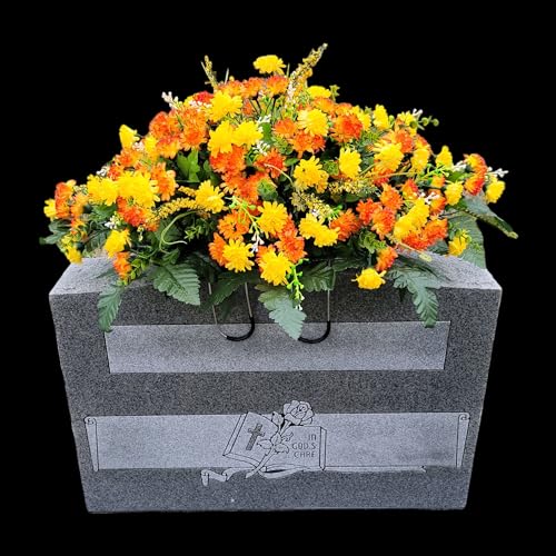Product: Cemetery Saddle Memorial Decoration - Realistic Silk Faux Floral Artificial Grave Flowers - Orange Yellow Mini Mums for Headstone Decorating