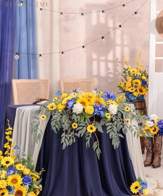 Product: TINGE TIME Artificial Sweetheart Flower Swag with Tablecloth and Table Runner, Pack of 3 Floral Arrangement for Wedding Sweetheart Table Centerpiece Decoration Valentine's Day (Sunflower&RoyalBlue)