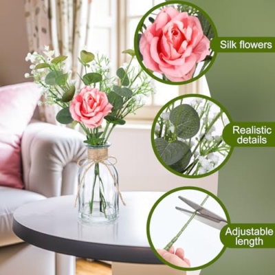 Product: Janinka 10 Set Mini Fake Plants and Artificial Flowers in Vase 10 Glass Vases Fake Silk Roses Eucalyptus Babys Breath Artificial Flowers for Centerpiece Table Decorations Wedding Office Home Decor