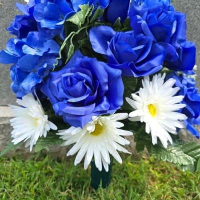Product: Blue Roses Headstone Saddle and Cemetery Cone, White Gerbera Daisies Hydrangeas Cemetery Cone for Cemetery Decoration Garland for Table Centerpiece Holiday Party Weddi
