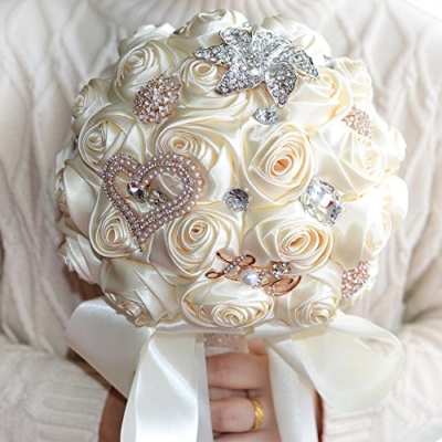 Product: Jackcsale Romantic Wedding Bride Holding Bouquet Roses with Diamond Pearl Ribbon Valentine's Day Bouquet Confession (373 CRM)