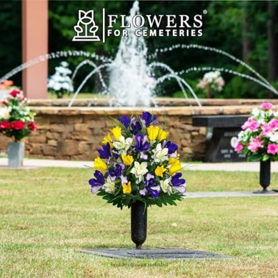 Product: Sympathy Silks Artificial Cemetery Flowers – Realistic Vibrant Tulips, Outdoor Grave Decorations - 1 Yellow Tulips Purple Iris Bouquet