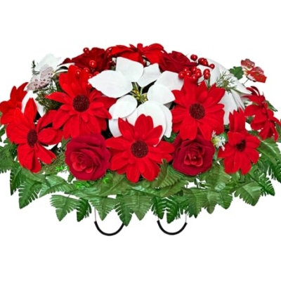 Product: Naramiji Artificial Cemetery Flowers -Headstone Flower Saddle- Gravesite Flowers Bouquet - Christmas Decorations-Poinsettia Dahlia Rose