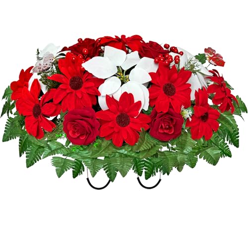 Product: Naramiji Artificial Cemetery Flowers -Headstone Flower Saddle- Gravesite Flowers Bouquet - Christmas Decorations-Poinsettia Dahlia Rose