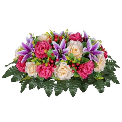 Product: LVXINLI Cemetery Headstone Flower Saddle -Outdoor Grave Decorations ，Mixed of Artificial Silk Rose and Lily for Tombstones (red, Saddle)