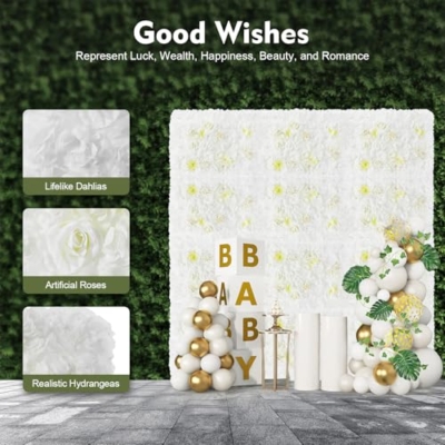 Product: Subiudzzh 12PCS Flower Wall Backdrop, Artificial Flower Wall Panels White Silk Rose Backdrop Panels with Dahlia, Hydrangea for Wedding Venue Decorations, Birthday Parties 23.62 x 15.74 Inch