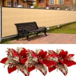 Product: SPORTYOUTH 3ft x 50ft Fence Privacy Screen Beige and 30 Pcs Red Gold Poinsettia Artificial Christmas Flowers with Clips Stems