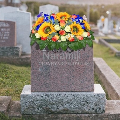 Product: Naramiji Artificial Cemetery Flowers for Grave Decoration: Sympathy & Memorial Bouquets with Headstone Saddle – Sunflower, Rose, Cattleya – Fade-Resistant
