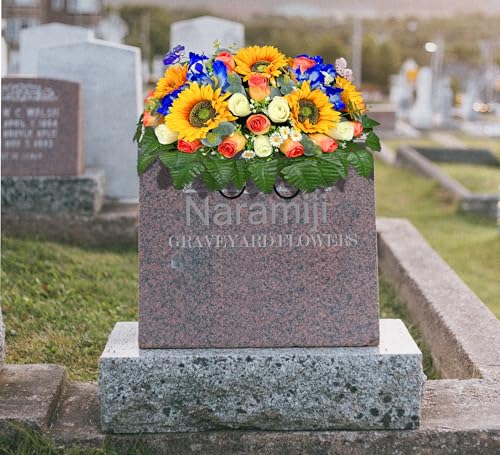Product: Naramiji Artificial Cemetery Flowers for Grave Decoration: Sympathy & Memorial Bouquets with Headstone Saddle – Sunflower, Rose, Cattleya – Fade-Resistant
