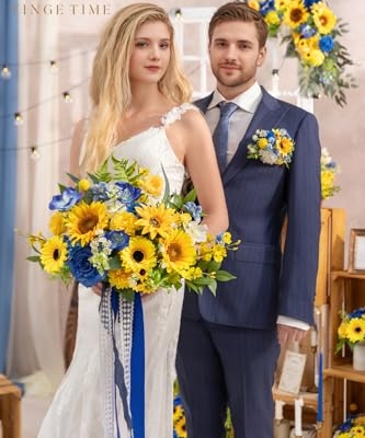 Product: TINGE TIME 13 InchWedding Bouquets for Bride,Bridal Bouquet for Bride, Artificial Silk Sunflowers for Graduation Bouquet, Fake Flowers for Wedding Ceremony and Anniversary (Sunflower&RoyalBlue)