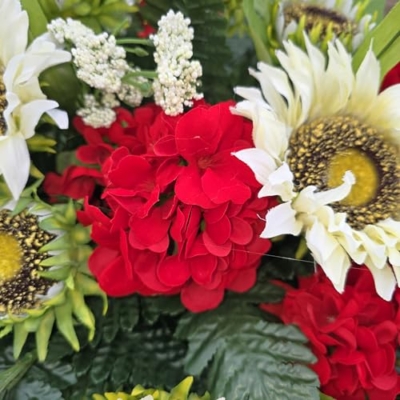 Product: Cream Sunflower Red Geranium Gladiolus Large Cemetery Saddle Memorial Decoration - Realistic Silk Faux Floral Artificial Grave Flowers for Headstone Decorating
