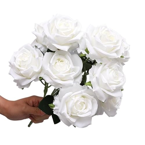 Product: Gfsdjalkj WQNJIN Simulation Big Rose Bouquet Wedding Flowers 10 Heads Fake Roses Artificial Flower Silk Flowers Home Decoration(White-Pink)