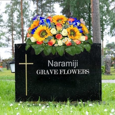 Product: Naramiji Artificial Cemetery Flowers for Grave Decoration: Sympathy & Memorial Bouquets with Headstone Saddle – Sunflower, Rose, Cattleya – Fade-Resistant