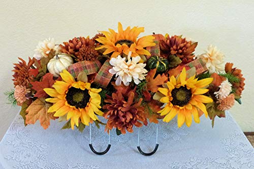 Silky Flower Store Fall Cemetery Saddle Artificial Grave Flowers, Sunflowers Pumpkins, UV Waterproof Silk Florals, 27 x 14 x 10 inches 1 1 Product: Silk Florals & Frills Fall Cemetery Saddle with Pumpkins and Sunflowers, Fall Grave Headstone Flowers