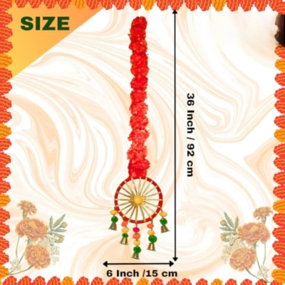 Product: MANTRAMART Artificial Marigold Flower Garland with Pom Pom & Bell – Pack of 4 – Hanging Decoration for Home, Diwali, Wedding, Pooja, Festival & Event Decor