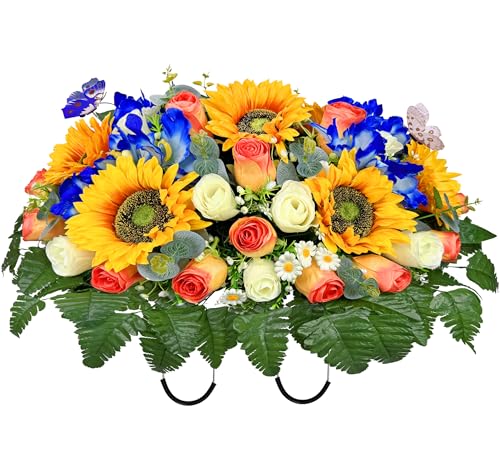 Product: Naramiji Artificial Cemetery Flowers for Grave Decoration: Sympathy & Memorial Bouquets with Headstone Saddle – Sunflower, Rose, Cattleya – Fade-Resistant
