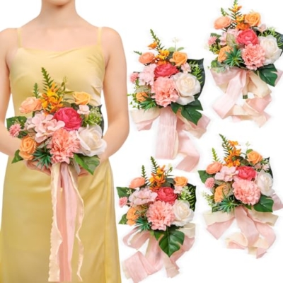 Product: TINGE TIME 7 Inch Artificial Flowers Wedding Bouquets for Bridesmaid, Set of 4, Tropical Bride Tossing Bouquet for Summer Wedding Ceremony Bridal Shower Rehearsal Dinner Vintage Party