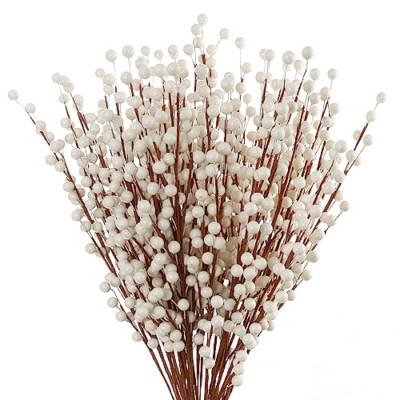 Silky Flower Store White Holly Berry Stem Picks, Set of 72 Decorative Faux Holiday Sprays, 19 Wired Stems 9 9 Product: Set of 72 White Holly Berry Stem Picks - 19" Decorative Wire Stem Branch Sprays for Christmas Tree Decoration, Holiday Décor, Silk Flower Arrangements, Home DIY Crafts, 35 Red Berries on Each Stem