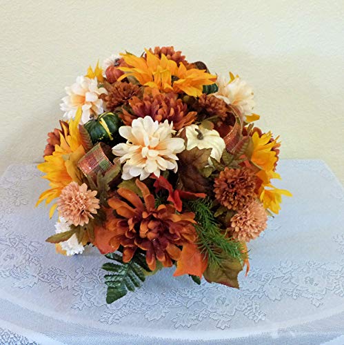 Silky Flower Store Fall Cemetery Saddle Artificial Grave Flowers, Sunflowers Pumpkins, UV Waterproof Silk Florals, 27 x 14 x 10 inches 7 7 Product: Silk Florals & Frills Fall Cemetery Saddle with Pumpkins and Sunflowers, Fall Grave Headstone Flowers