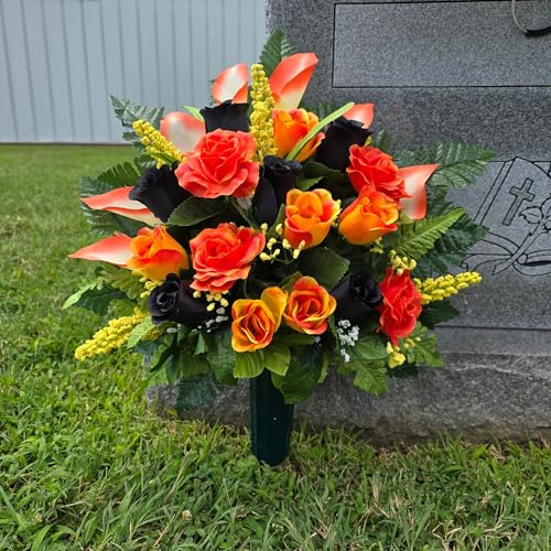 Product: Black Headstone Saddle, Orange Grave Flowers Cone Set for Memorial Decoration for a Motorcycle Biker Garland for Table Centerpiece Holiday Party Weddi