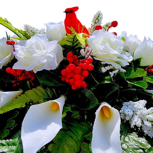 Silky Flower Store Cream Calla Lilies Headstone Saddle, Red Roses Grave Flowers, Winter Memorial Decoration, 30x22x10in 2 2 Product: Cream Calla Lilies Headstone Saddle, Roses Red Berries Grave Flowers for Cardinal Funeral or Cemetery Decoration Garland for Table Centerpiece Holiday Party Weddi