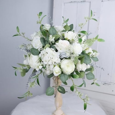 Product: White and Sage Green Wedding Table Arrangement, Guest Table Flower Ball, Wedding Floral Centerpiece, Made with Rose, Peony and Baby's Breath (40cm)