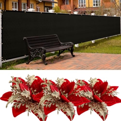 Product: SPORTYOUTH 3ft x 50ft Fence Privacy Screen Black and 30 Pcs Red Gold Poinsettia Artificial Christmas Flowers with Clips Stems