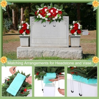 Silky Flower Store Artificial Cemetery Flowers for Grave Headstone Saddle, Red Memorial Floral Arrangement, 3 Piece Set 20.5cm 9 9 Product: Thiccywoov 3 Pcs Artificial Cemetery Flowers for Grave Funeral Headstone Saddle Mum Rose Bouquets with Vase Memorial Flowers for Outdoor Grave Tombstone Cemetery Decoration(Red)